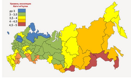 Карта уровней инсоляции в России, кВт/м²/сут, с сайта alter220.ru