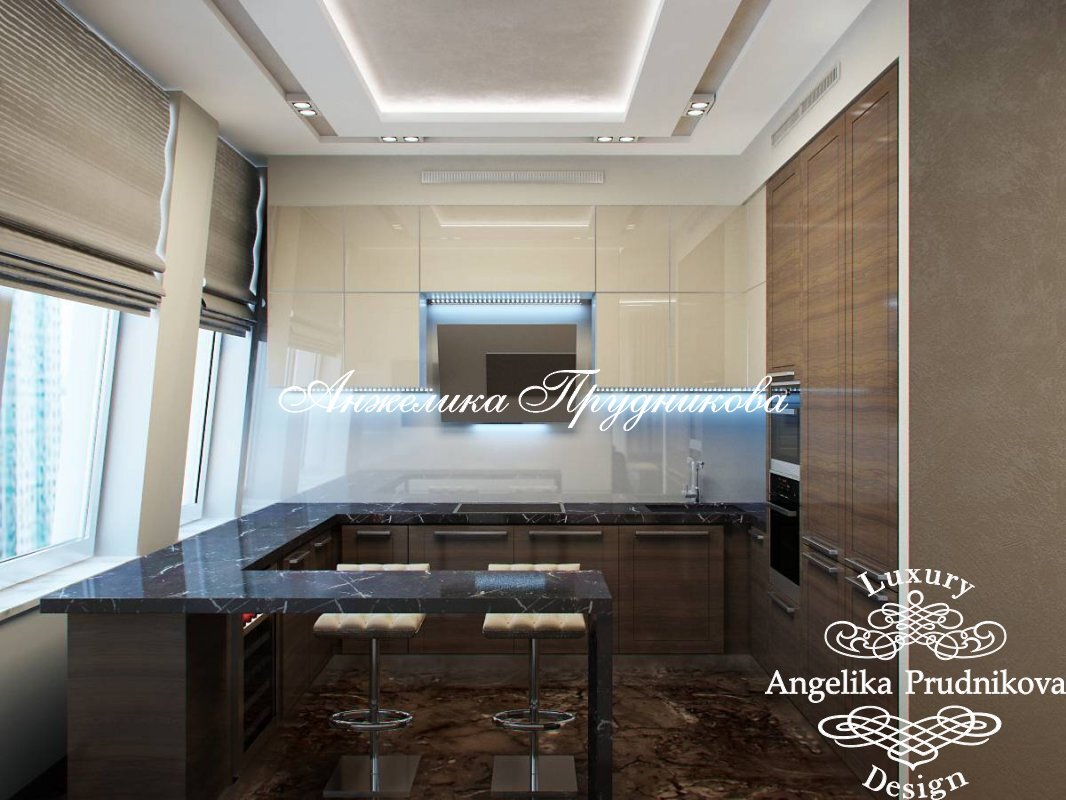 На фото: Светлая барная стойка из камня в интерьере кухни