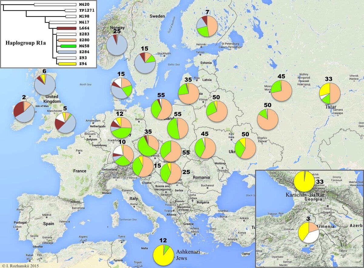 Потомки гаплогруппы R1a и гаплотипы потомков «ариев» в Европе.