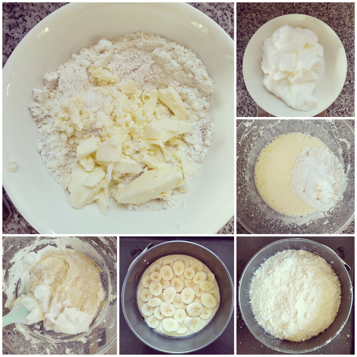 Для крошки, смешиваем сухие ингредиенты с холодным маслом - убираем в холодильник. Взбиваем белки и в холодильник. Желтки с сахаром - минут 8. Выливаем кефир с маслом. Затем сухие ингредиенты. В конце вмешиваем белки. В форму выливаем половину теста, сверху бананы, посыпаем крошкой, вновь тесто и в самом конце опять крошку. Выпекаем 50 минут при 180°