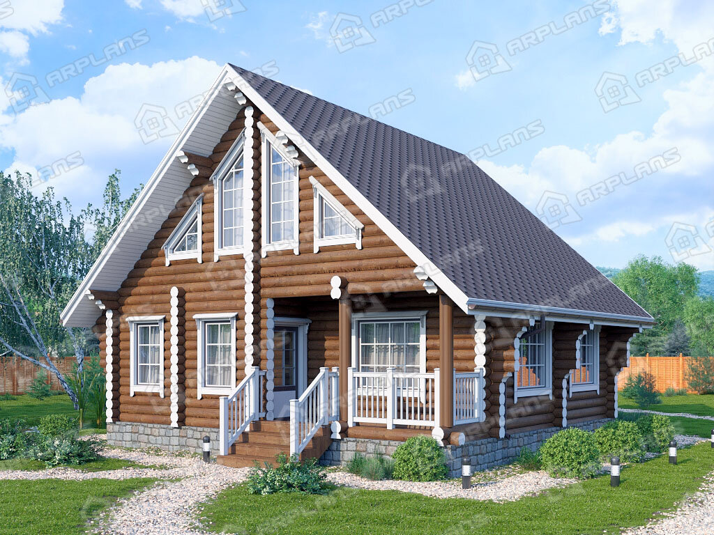 Фото 1 деревянного дома из бревна с мансардой, 3 спальнями и террасой, 110 кв м. Источник arplans.ru Проект ДО-118