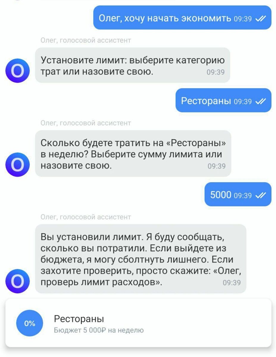 Скриншот переписки с роботом по тратам в банке Тинькофф
