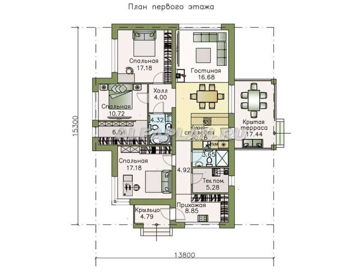 Планировка 1-го этажа одноэтажного дома 607А «Грация», © Владимир Тарасов