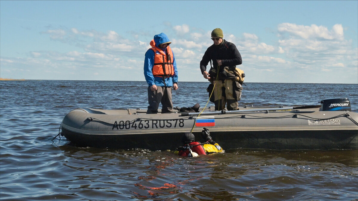 Водолаз погружается в воды Чудского озера. Фото: ЦПИ РГО