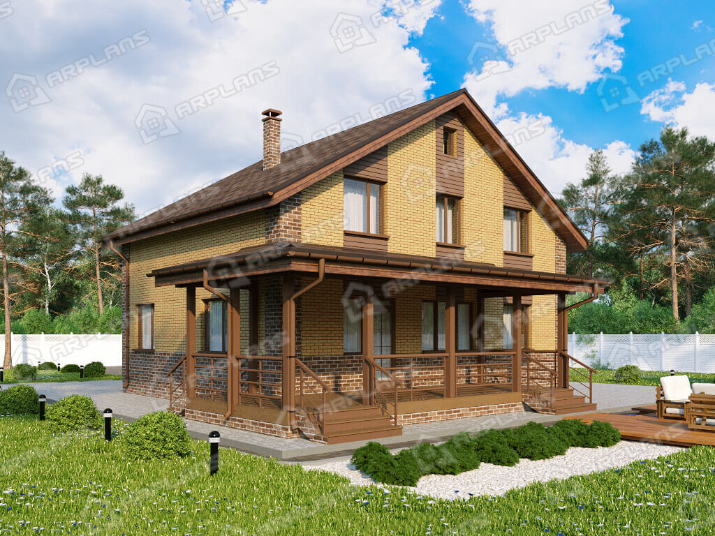 Фото 2 двухэтажного дома из газобетона с мансардой, 3 спальнями, газовой котельной, гаражом на 2 машины, сауной и террасой. Общая площадь до 270 кв м. Источник arplans.ru Проект К-349 