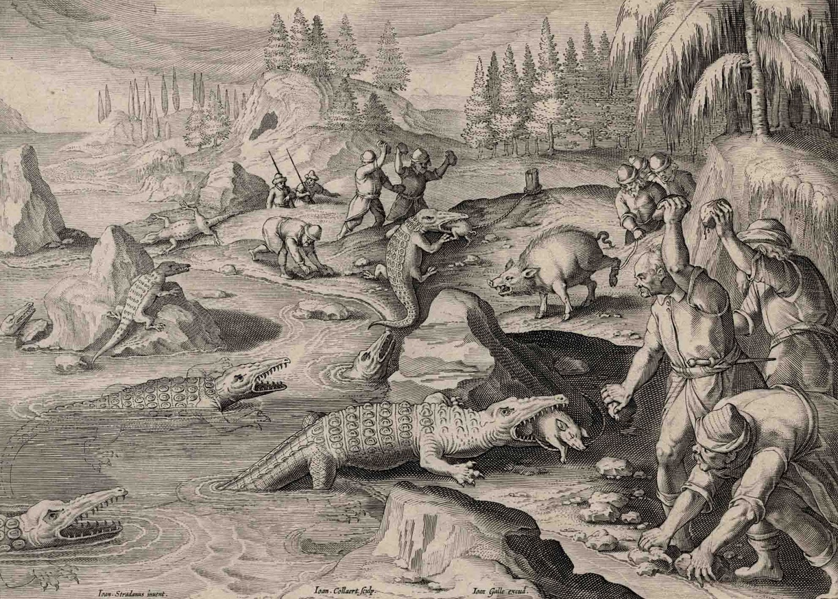 Древние катаклизмы. Гравюра охота на крокодилов на Волге. Нашествие крокодилов в Пскове в 1582 году. Охота на крокодилов со спиннингом на средней Волге.
