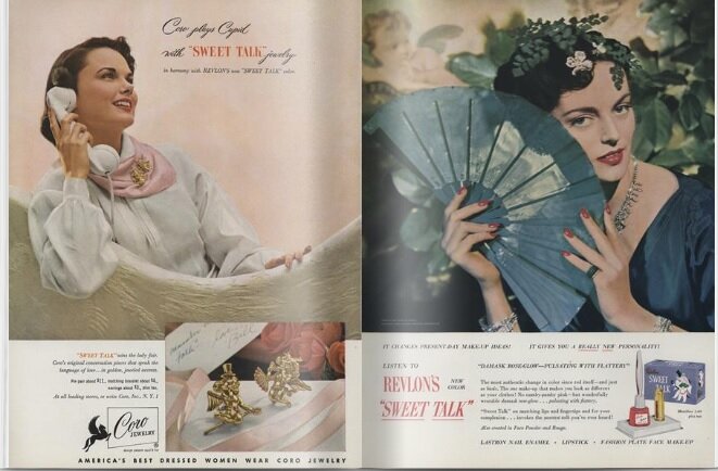 Реклама украшений от Coro в журнале Vogue 1948 год, май. Платочек дамы украшают два дресс клипа. Фото из открытого источника