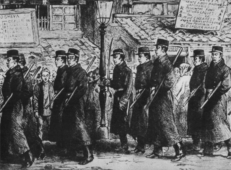 Полиция, вооруженная дзё, в строю, 1877 г.