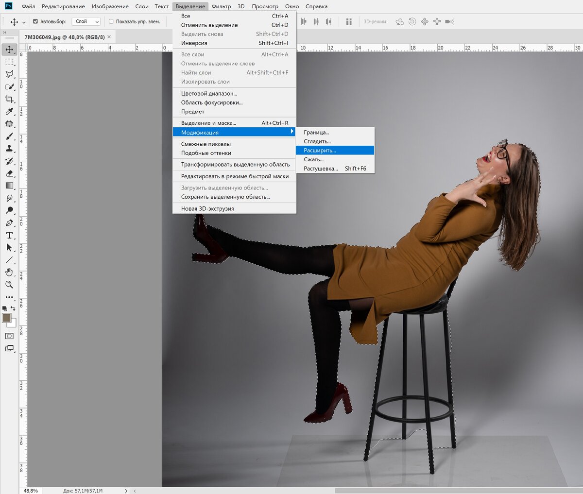 Переходим в пункт меню "Выделение" - "Модификация" - "Расширить" 