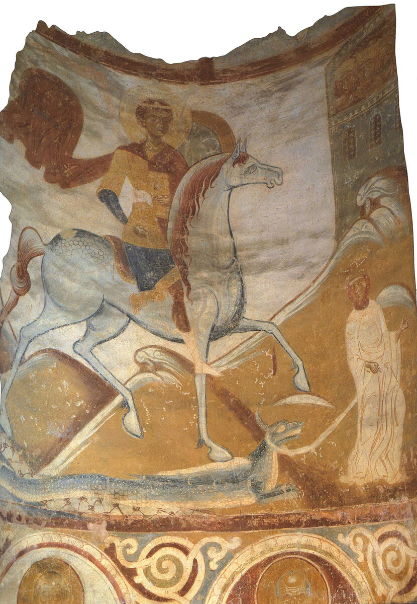 Чудо Георгия о змие. XII в. Фреска Георгиевской церкви в Старой Ладоге