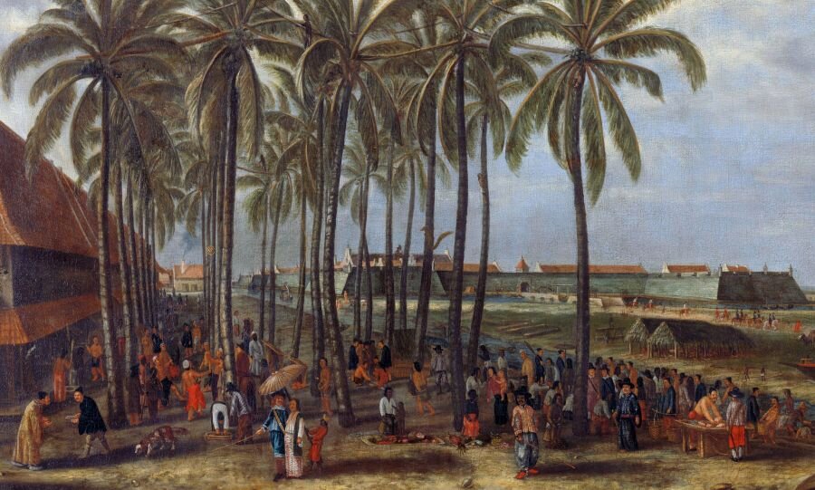 Картина маслом Андриеса Бекмана, на которой изображены замок Батавии и рыбный рынок, 1656 г. Ресурс фото: javapost.files.wordpress.com.