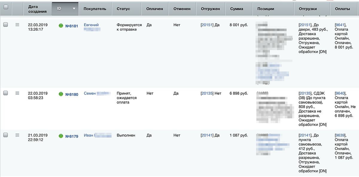 
Список заказов в административной панели