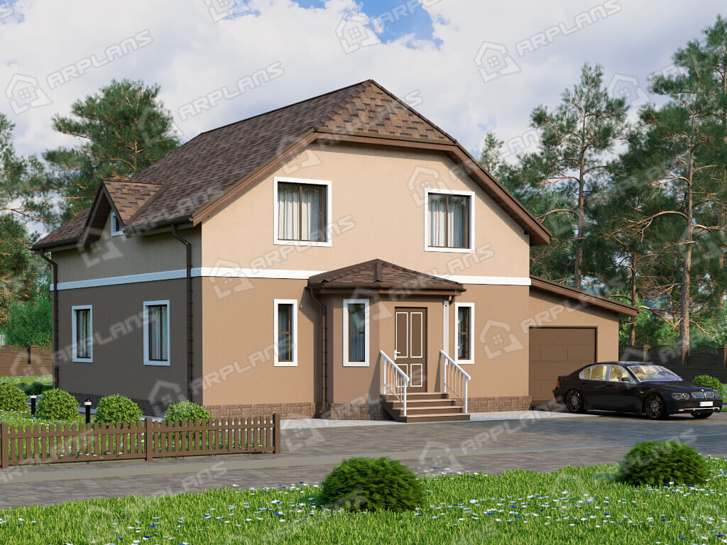 Фото 1 двухэтажного дома из газобетона с мансардой, 3 спальнями, газовой котельной, сауной и гаражом. 215 кв м. Источник arplans.ru Проект К-058