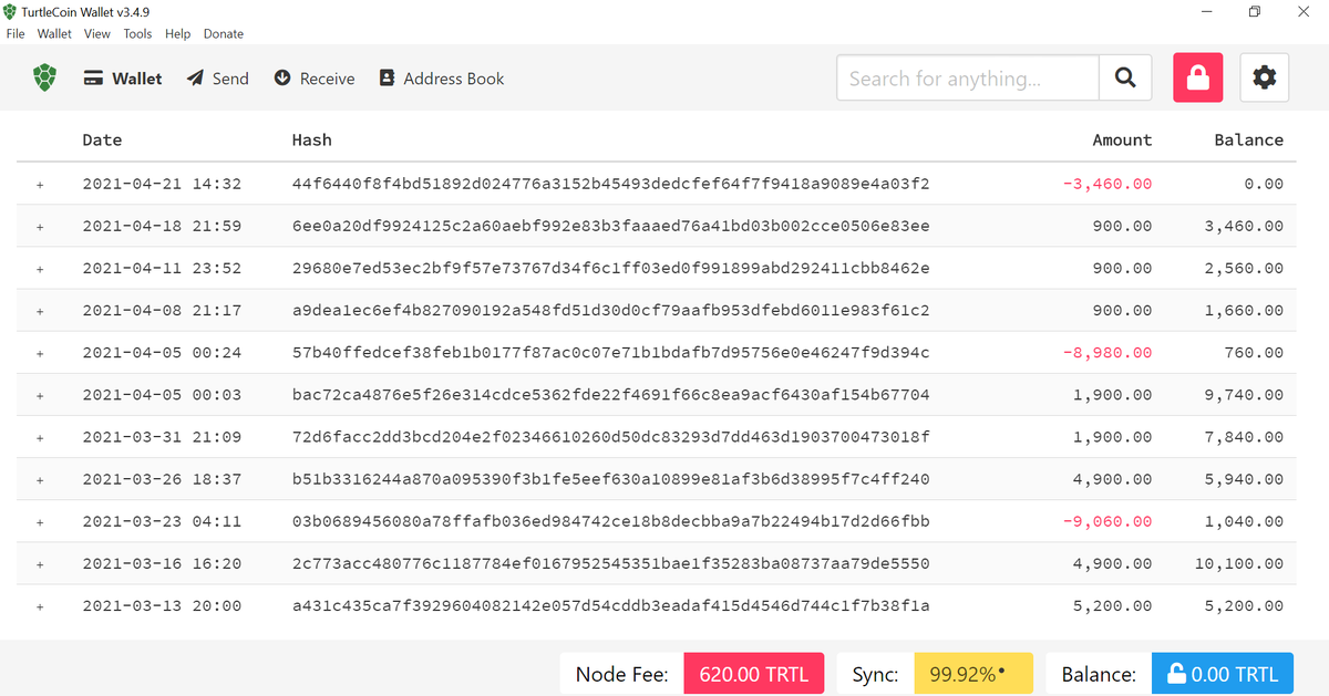 Отображение транзакций в gui кошельке Turtle Coin