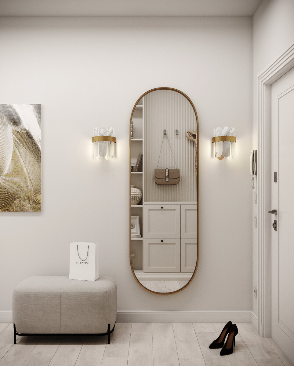 Компактная, но, вместе с тем,  вместительная прихожая. Выполнена в светлых тонах. 