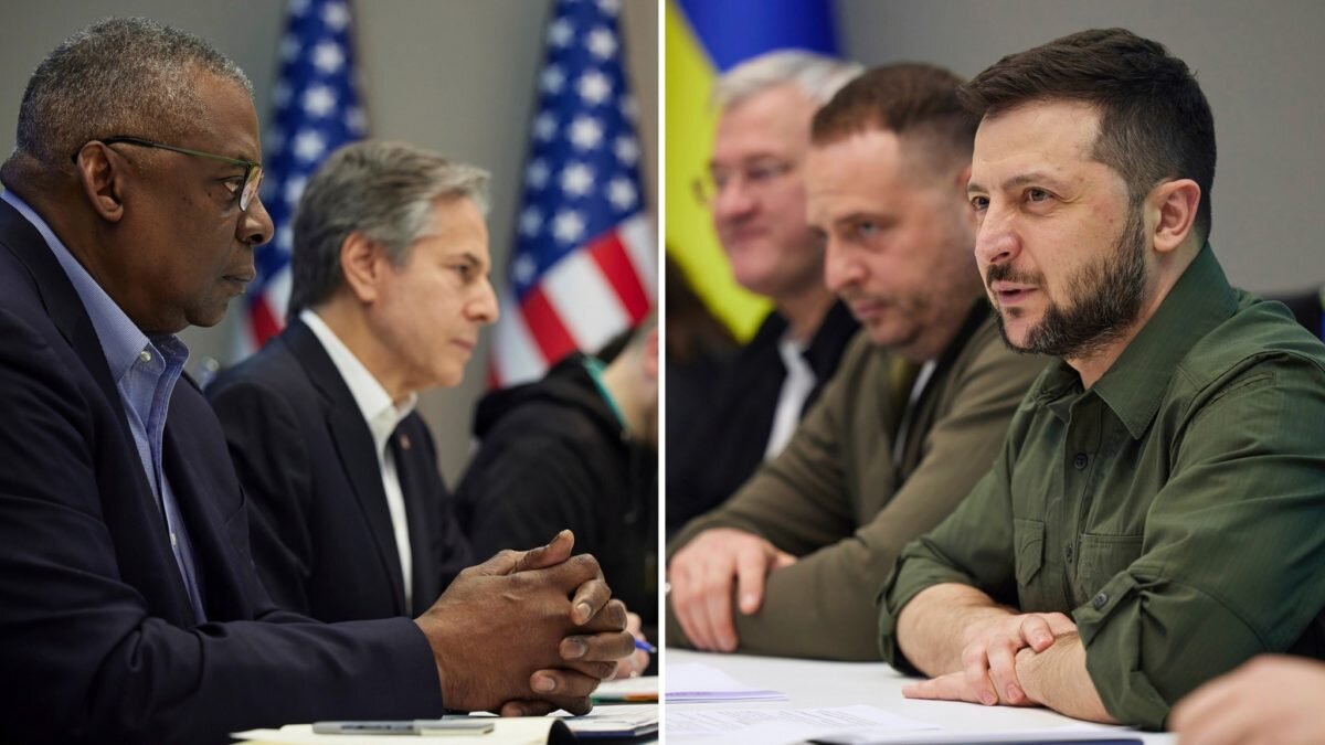 Министр обороны Ллойд Остин (слева) и госсекретарь Энтони Блинкен (посередине) встречаются с президентом Украины Владимиром Зеленским в воскресенье, 24 апреля 2022 года.