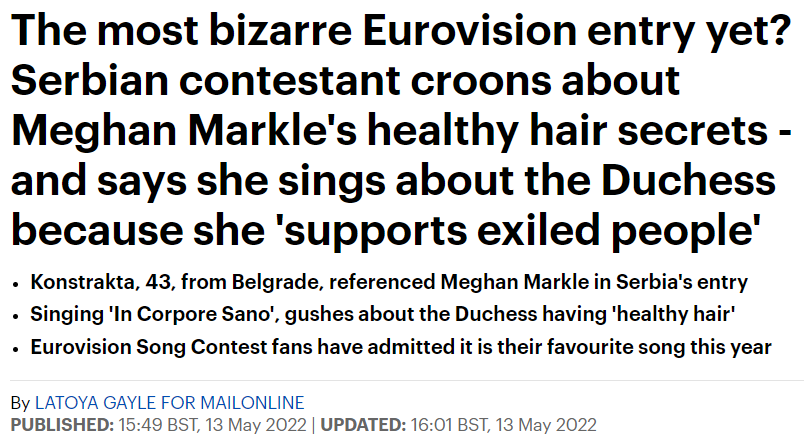 https://www.dailymail.co.uk/femail/article-10806089/Serbian-singer-Konstrakta-gushes-Meghan-Markles-healthy-hair-Eurovision-song-contest.html