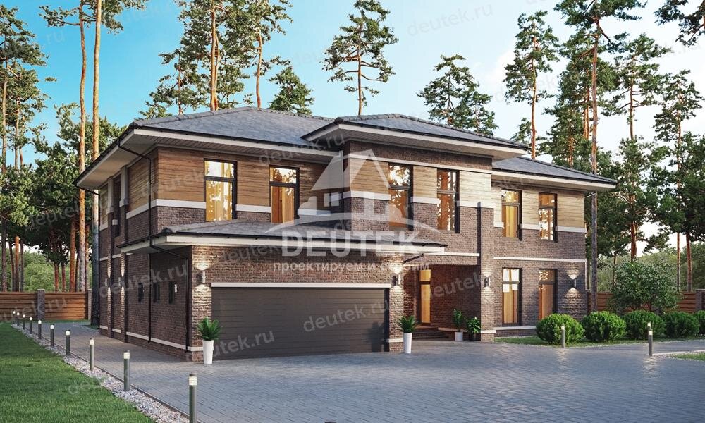 Проект двухэтажного дома 430 м2 с мансардой, гаражом и террасой - LK-138