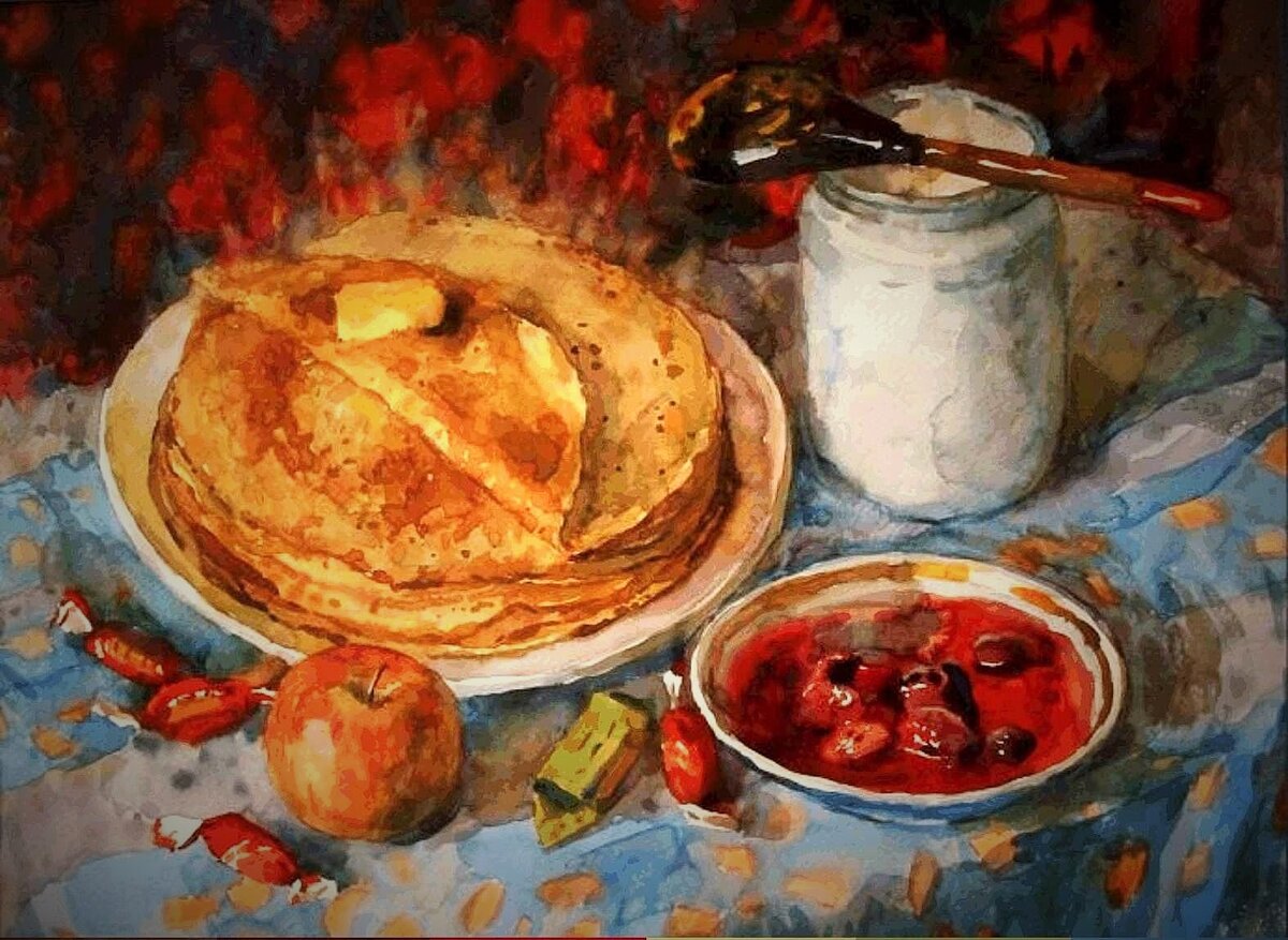  Анна Черкашина. Масленица. 2002 г. Ну, не все ученые так считают. По мнению филолога В.Я. Проппа, все наоборот: блины как поминальная пища славян именно поэтому стали символом Масленицы.