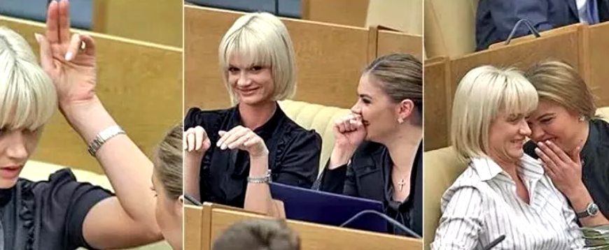 Депутаты-гимнастки Хоркина и Кабаева обсуждают законопроект.