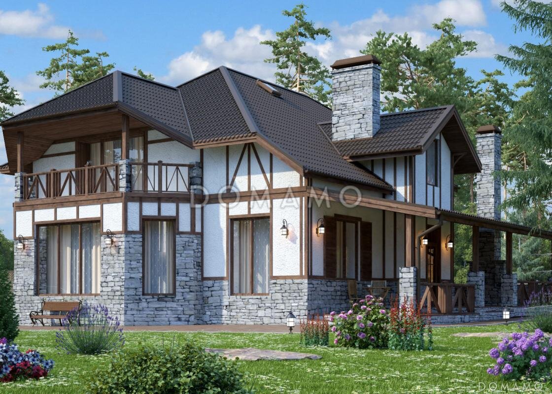 Проект мансардного дома в стиле фахверк с барбекю на террасе (проект D771 на сайте domamo.ru)