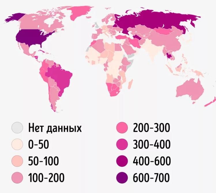 Карта, показывающая количество заключенных на 100 тыс. жителей, 2019