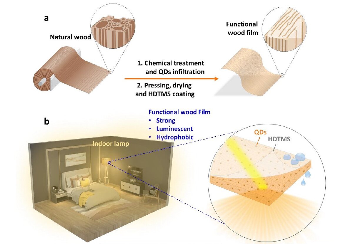 Рис.1 а) схема образования люминисцентного гидрофобного покрытия на основе древесины. b) пример использования материала для освещения комнаты. Источник: Qiliang Fu, Kunkun Tu, Christian Goldhahn, Tobias Keplinger, Maria Adobes-Vidal, Mathias Sorieul, Ingo Burgert. Luminescent and Hydrophobic Wood Films as Optical Lighting Materials. ACS Nano, 2020; 14 (10): 13775 DOI: 10.1021/acsnano.0c06110