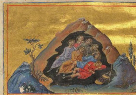 Иллюстрация из Менологиона Василия II о семи спящих, средневековой легенде о группе молодых людей, которые спрятались в пещере, спасаясь от преследований, и появились спустя более 300 лет