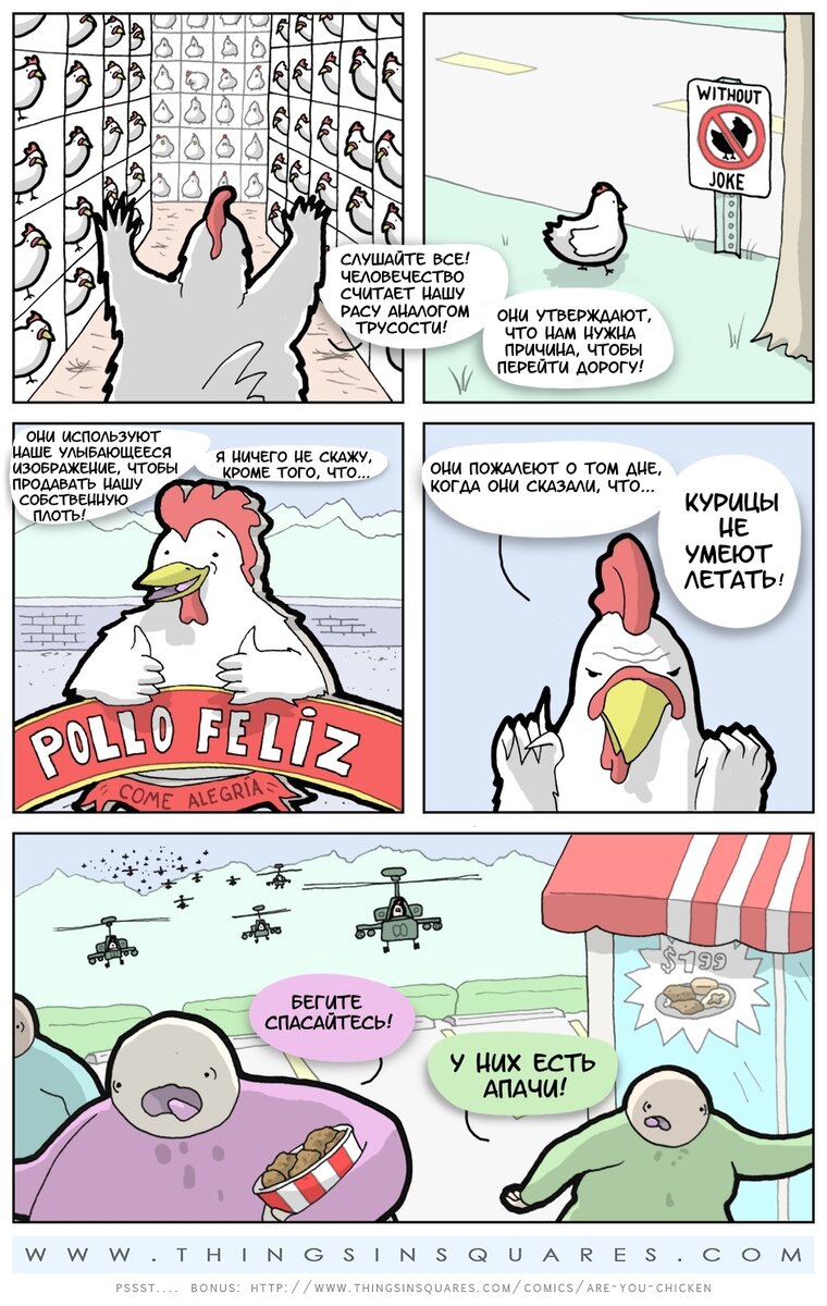 Картинка с пикабу. Нужна ли курицам причина, чтобы перейти дорогу?