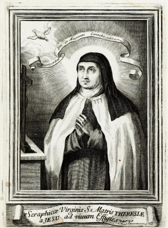 Страница из книги Арнольда ван Вестерхаута « Vita effigiata della serafica vergine S. Teresa di Gesu», созданной Фондом Кардилитано Скальцо , опубликованной в 1719 году в Риме Арнольдом ван Вестерхаутом. Иллюстрации были сделаны и выгравированы Арнольдом ван Вестерхаутом. Они изображают события в жизни Святой Терезы Авилы