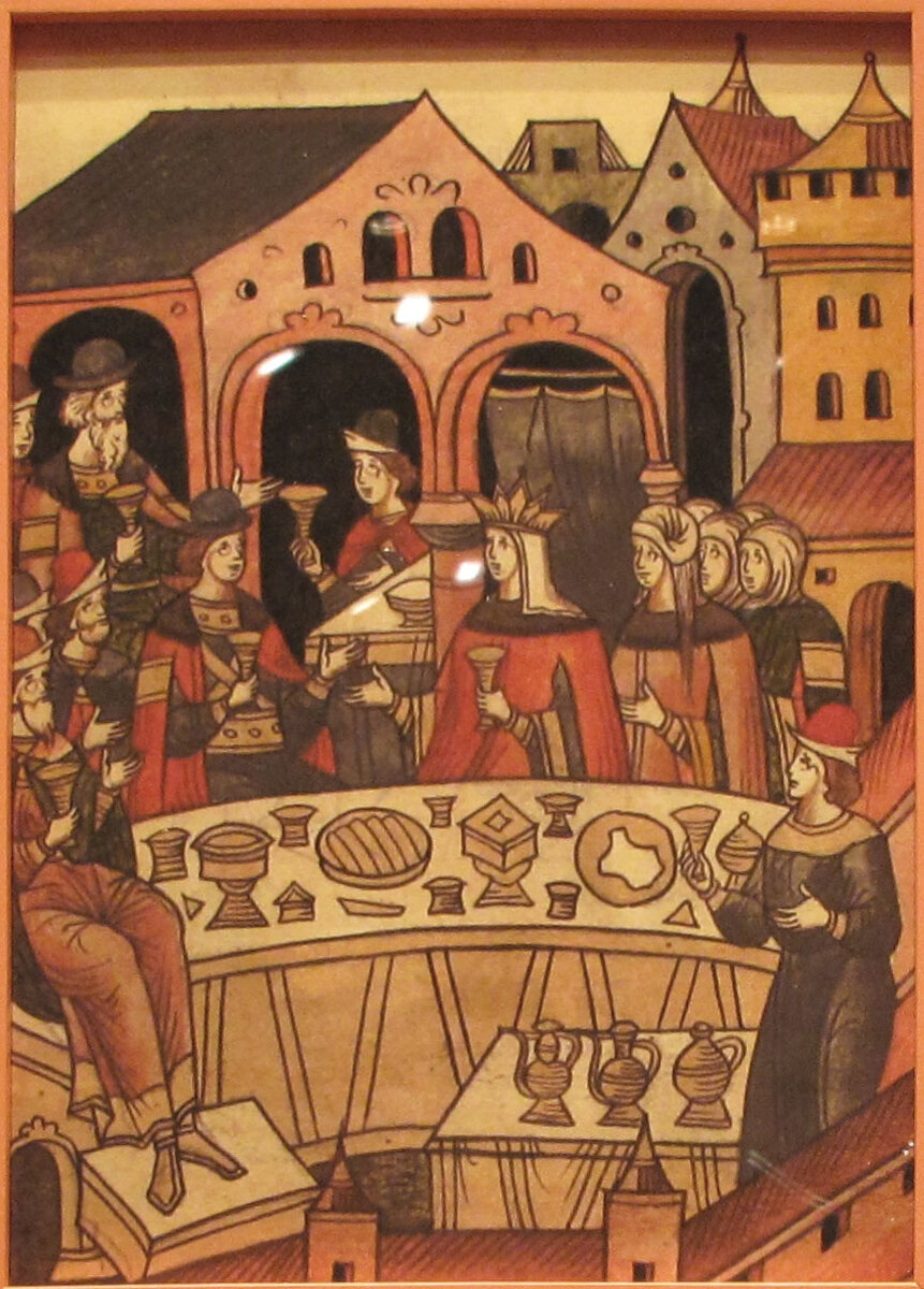 Свадьба Дмитрия Донского с нижегородской княжной Евдокией. Миниатюра Лицевого летописного Свода 60-70 гг. ХVI в. Храниться в Библиотеке Российской Академии Наук.