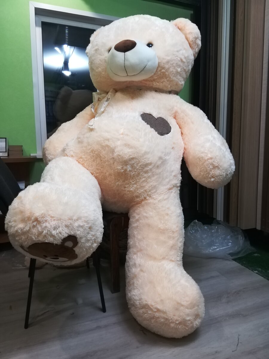На фото мишка 230 см. Еле-еле помещающийся в машину. Бедные девушки