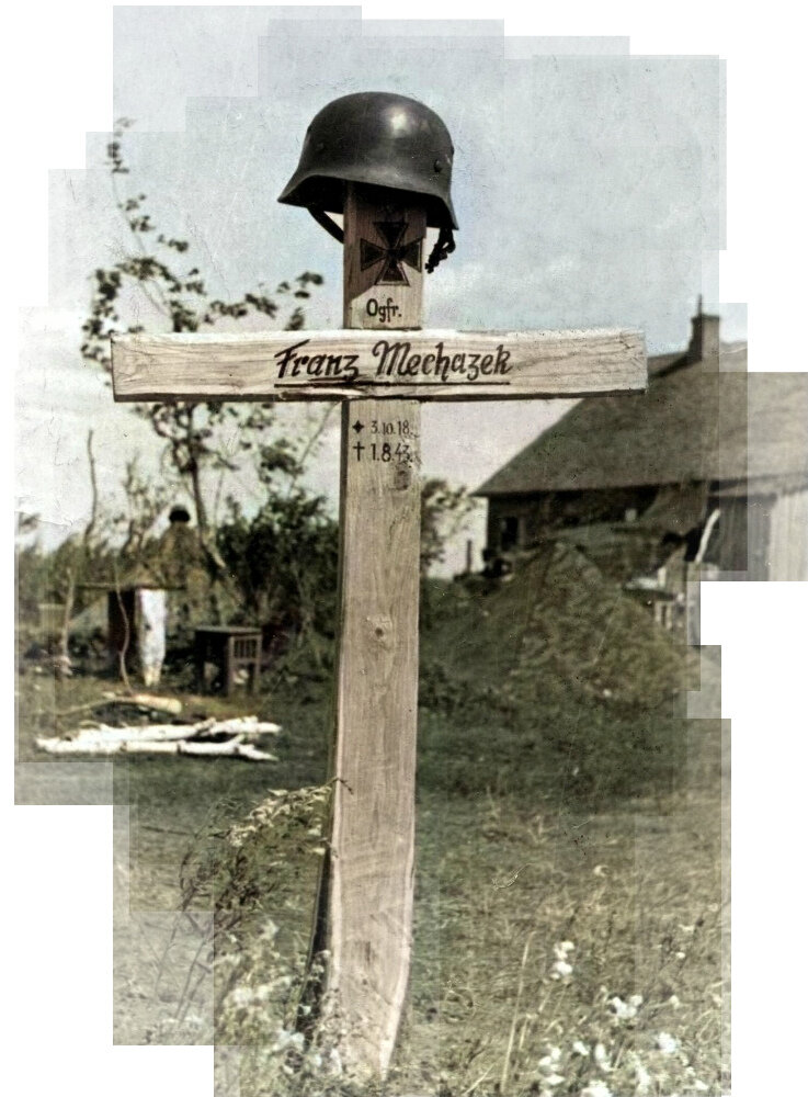Могила оберефрейтора вермахта Франца Мехазека на окраине советской деревни. 1943 г. Фото: waralbum.ru. Фотография использована в качестве иллюстрации.