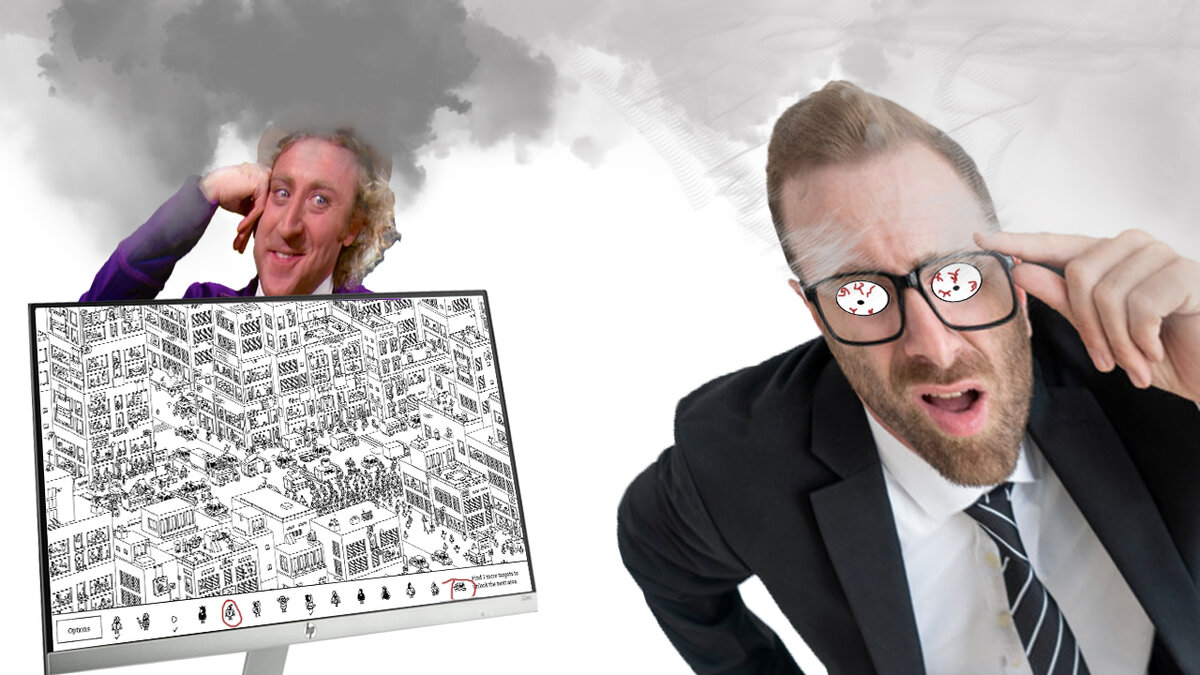 Быстро набросал в фш, человек пытается разглядеть оставшиеся предметы/детали рисунка, а игра ему в ответ: ну давай погляди ещё немножко))