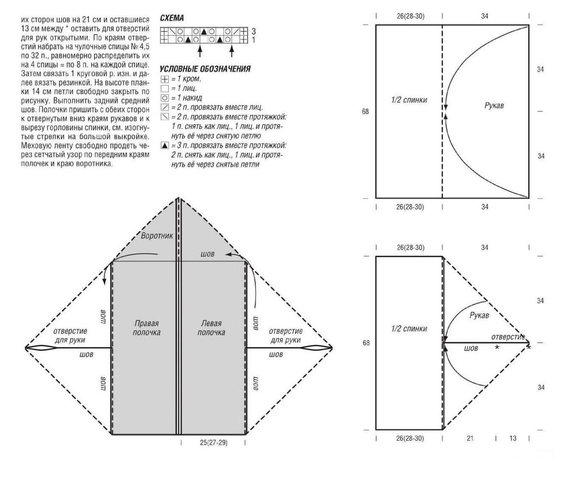 Кардиган накидка спицами одним полотном схема и описание