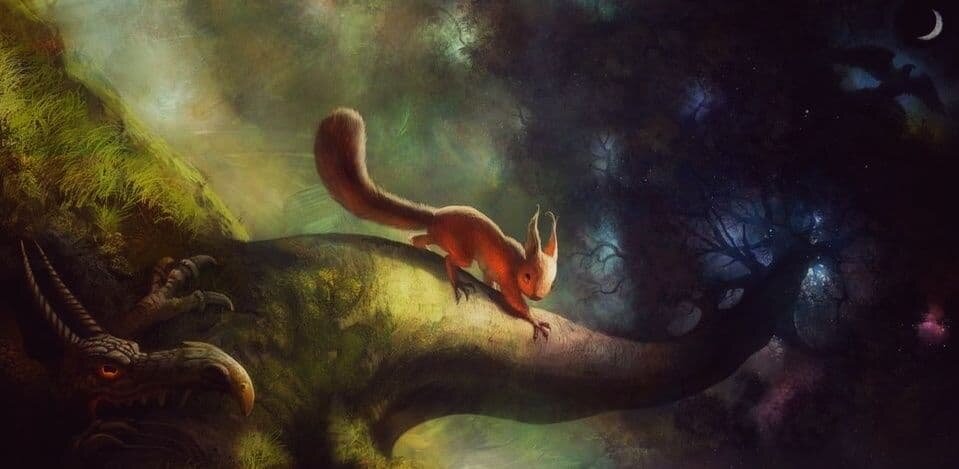 Дракон Нидхёгг, белка Рататоск и Орёл.