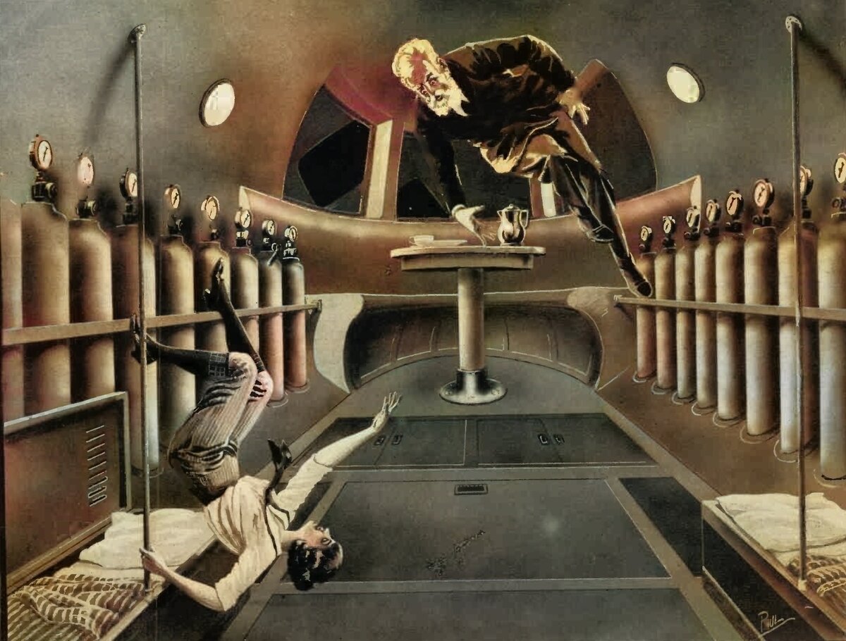 Пеп и доктор Хэкенсоу в открытый космос. Рис. Ф. Пола, «Science  and Invention» за октябрь 1923 года.