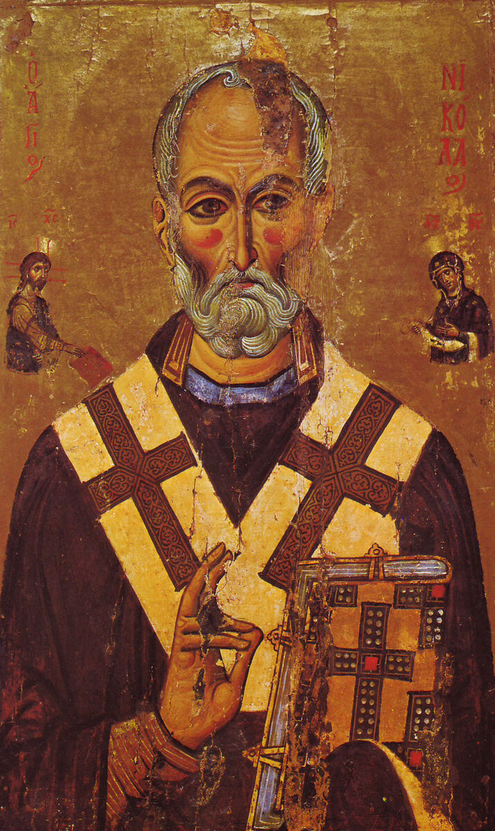 Half-length portrait showing Saint Nicholas of Myra. First half of the 13th century.