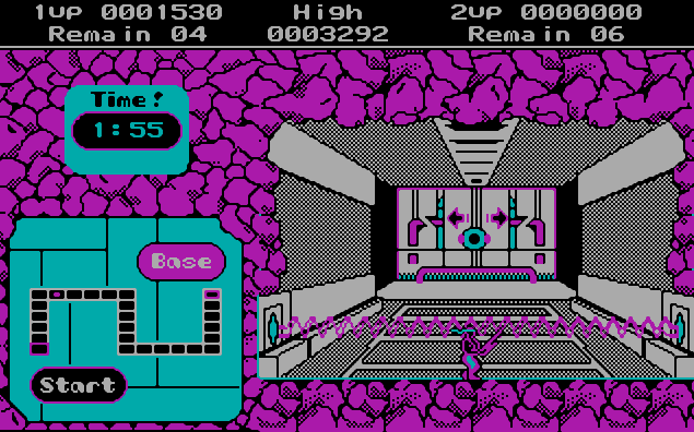 Второй уровень «База №1» в игре «Contra» на PC MS-DOS. В первых версиях игры присутствовал таймер.
