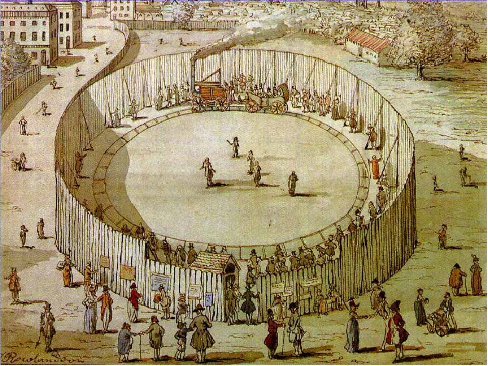 На этом рисунке 1809 г . Изображён локомотив" попробуй догони "на показе в Лондоне. Поезда двигался по кольцевому пути .