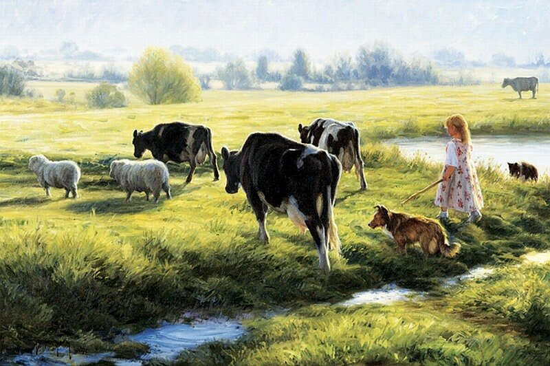 Гонит в поле. Пейзаж с коровами.
