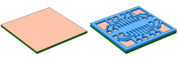 Слева: на плату нанесен затравочный слой. Справа: на плату с помощью фотолитографии нанесен фоторезист по шаблону.
