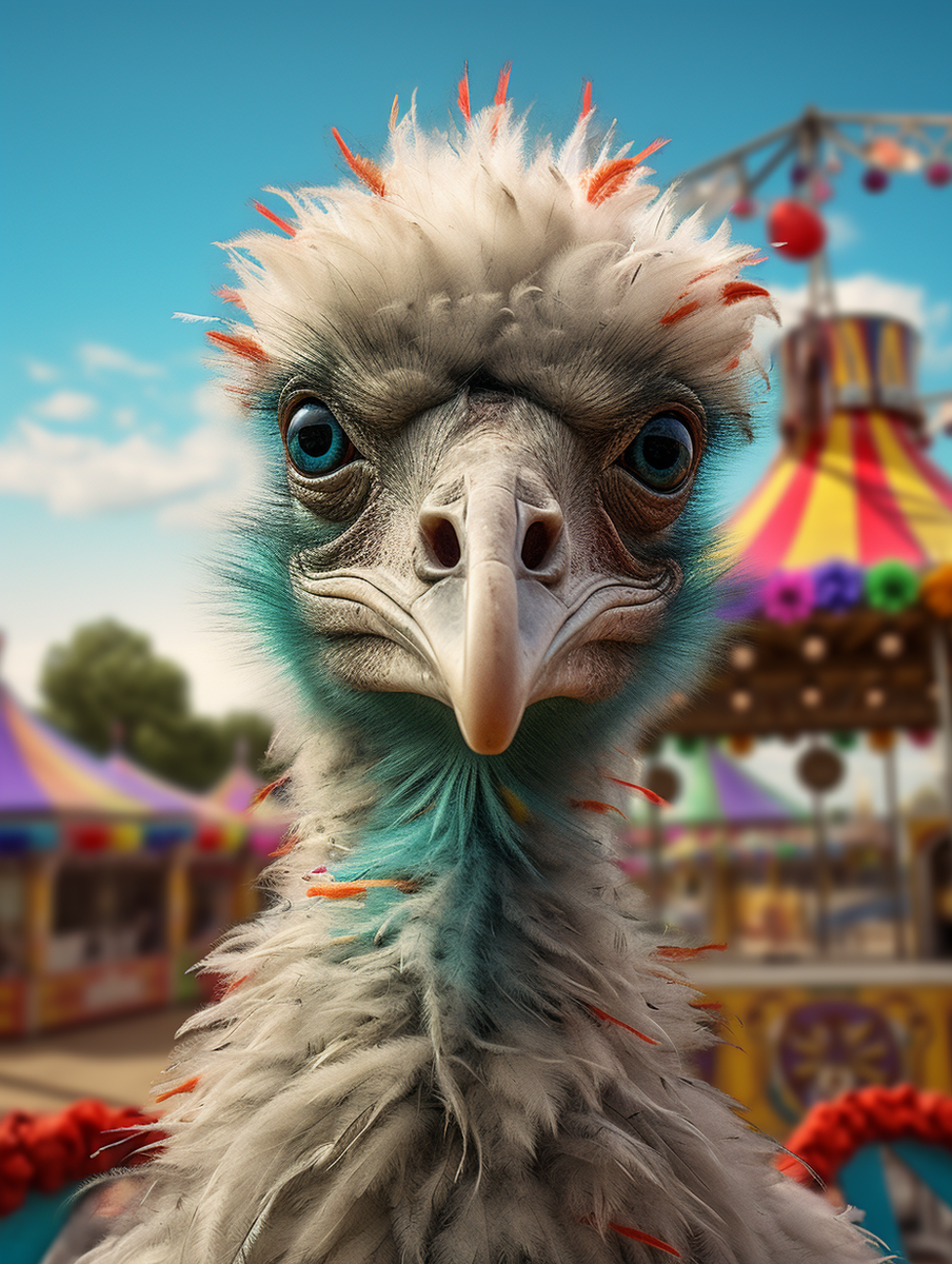 photorealistic emu stands against the backdrop of a vintage carousel:: bright colors, realistic photo, hyperrealism, ultra - precise realism, superrealism, ultra - precise focus --ar 3:4