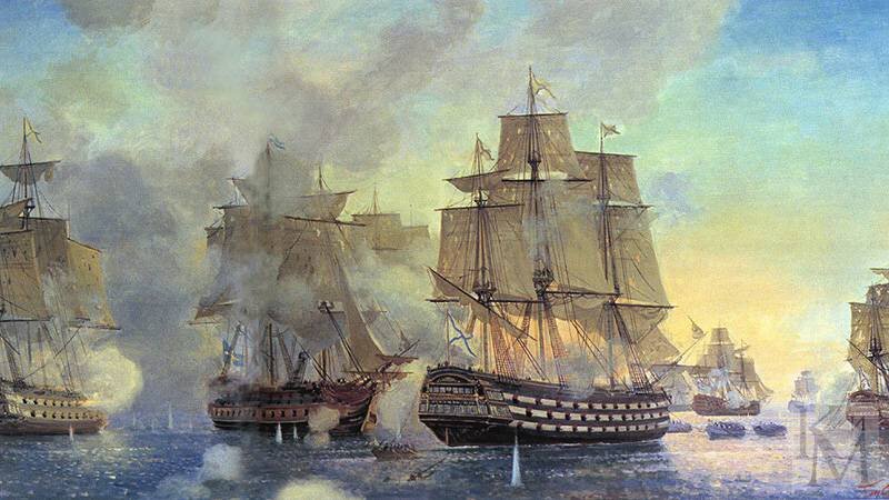 Пен Сергей Варленович. Гогландское сражение 6 июня 1788 года. 1988 г. Холст, масло. 70×140 см. Центральный военно-морской музей, Санкт-Петербург