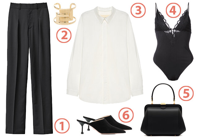 1. Брюки H&M, цена по запросу. 2. Браслет Elisabetta Franchi, цена по запросу. 3. Рубашка Ushatava, цена по запросу. 4. Боди Fleur Du Mal, 13 513 руб. 5. Сумка Ulyana Sergeenko, 120 000 руб. 6. Мюли Prada, 35 567 руб.
