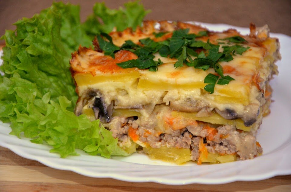 Рецепт: Картофельная запеканка "Сытный ужин" с фаршем и грибами. Как приготовить Картофельная запеканка "Сытный ужин" с фаршем и грибами?