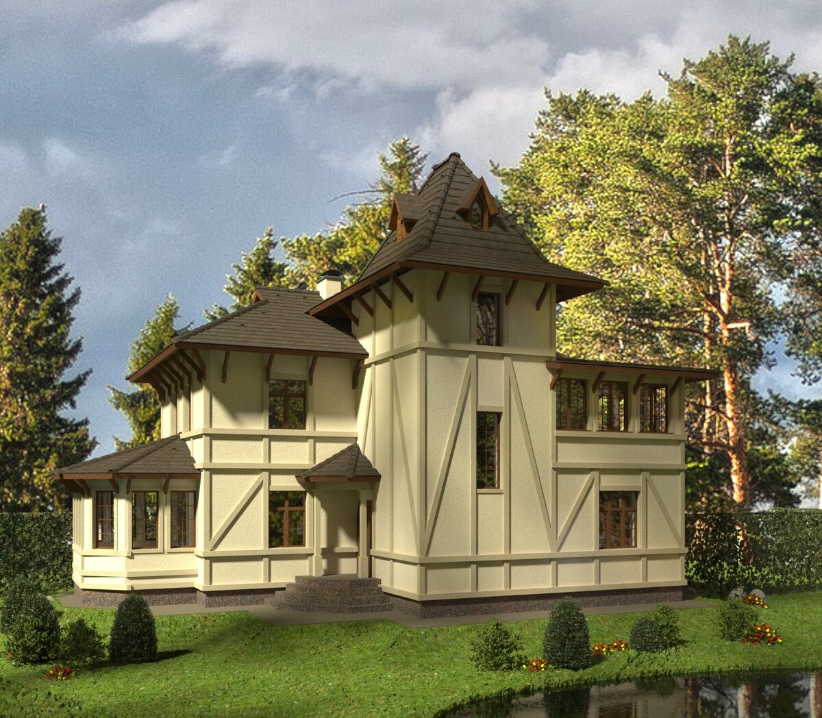 деревянный дом с башней