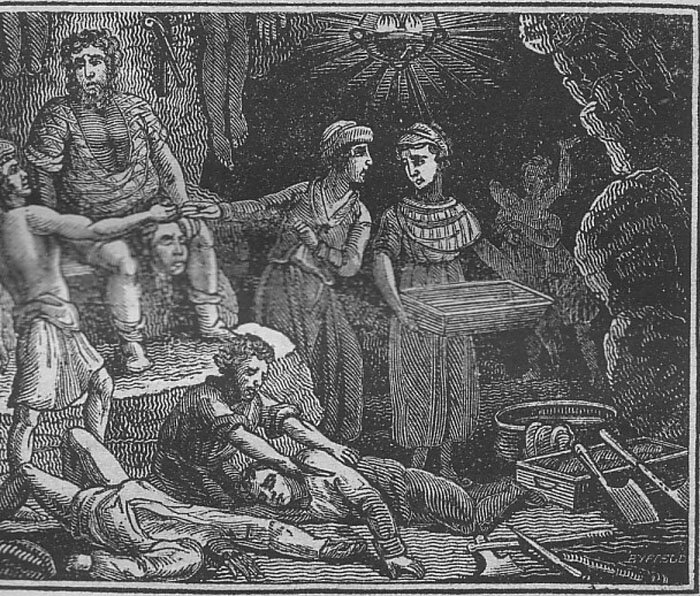 Рисунок, изображающий семью Соуни Бина, разделывающую своих жертв.