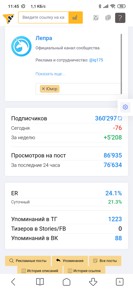 На фото один из каналов в Телеграм. Его показатель ER выше 20%, а значит рекламу на нем точно можно брать.