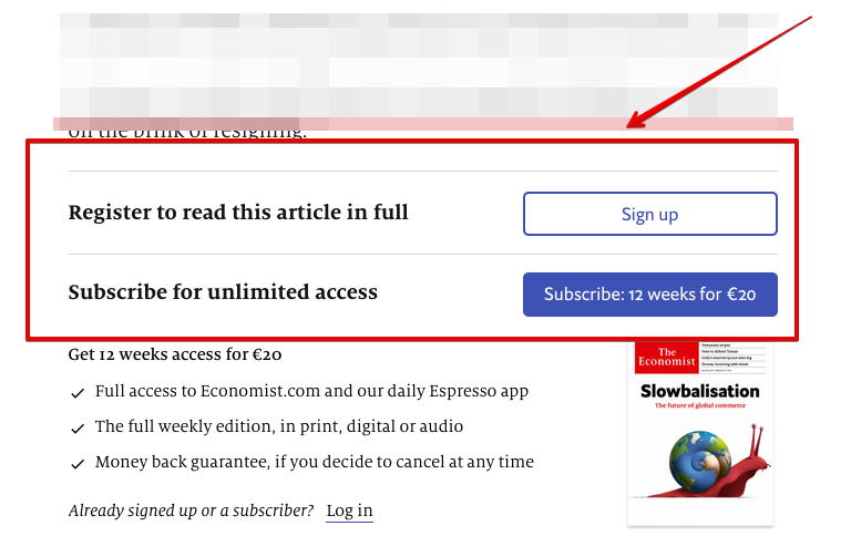 Вот пример того, как The Economist блокирует контент. Они не используют пуши для монетизации, но их схема понятна.